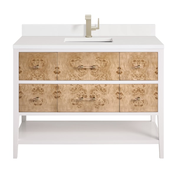 James Martin Vanities 48'' Sgl Vanity, Light Mappa Burl and Polished Wht W/ Sgl Hole 3CM Wht Zeus Quartz Top & Backsplash D804-V48-LMB-1WZ - main